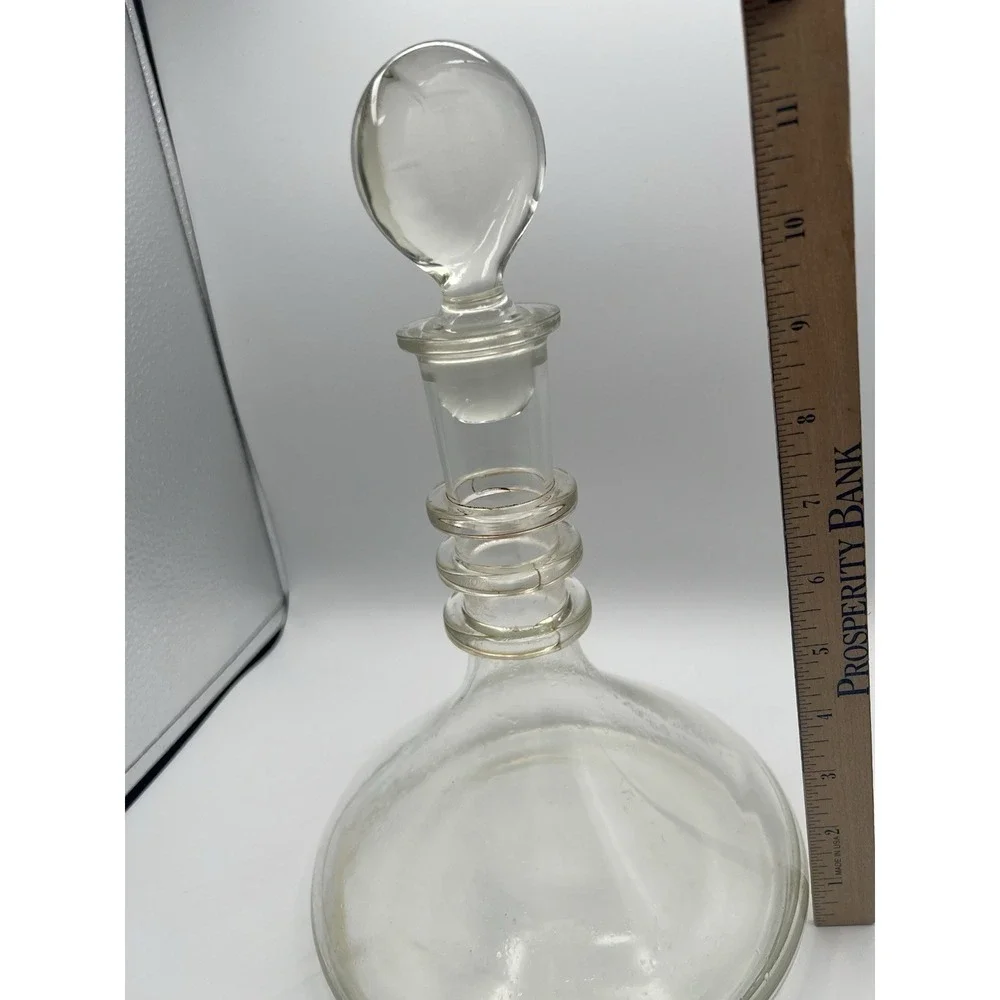 Clear Glass Ship's Ring Decanter Liquor Wine Whiskey Stopper Wide‎ Bottom VTG AC